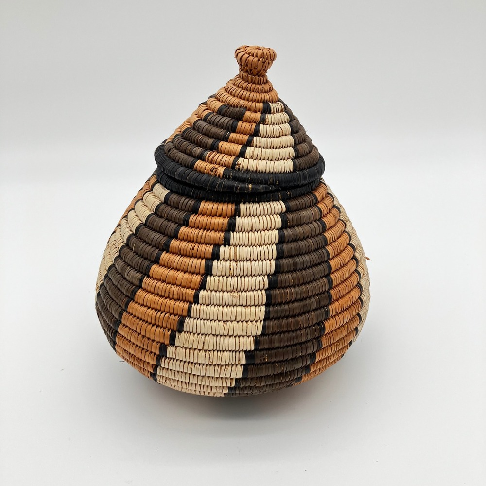 Vintage African Coiled Lidded Basket Agaseke Rwanda Boho Trinket Box 7.5" Earthy